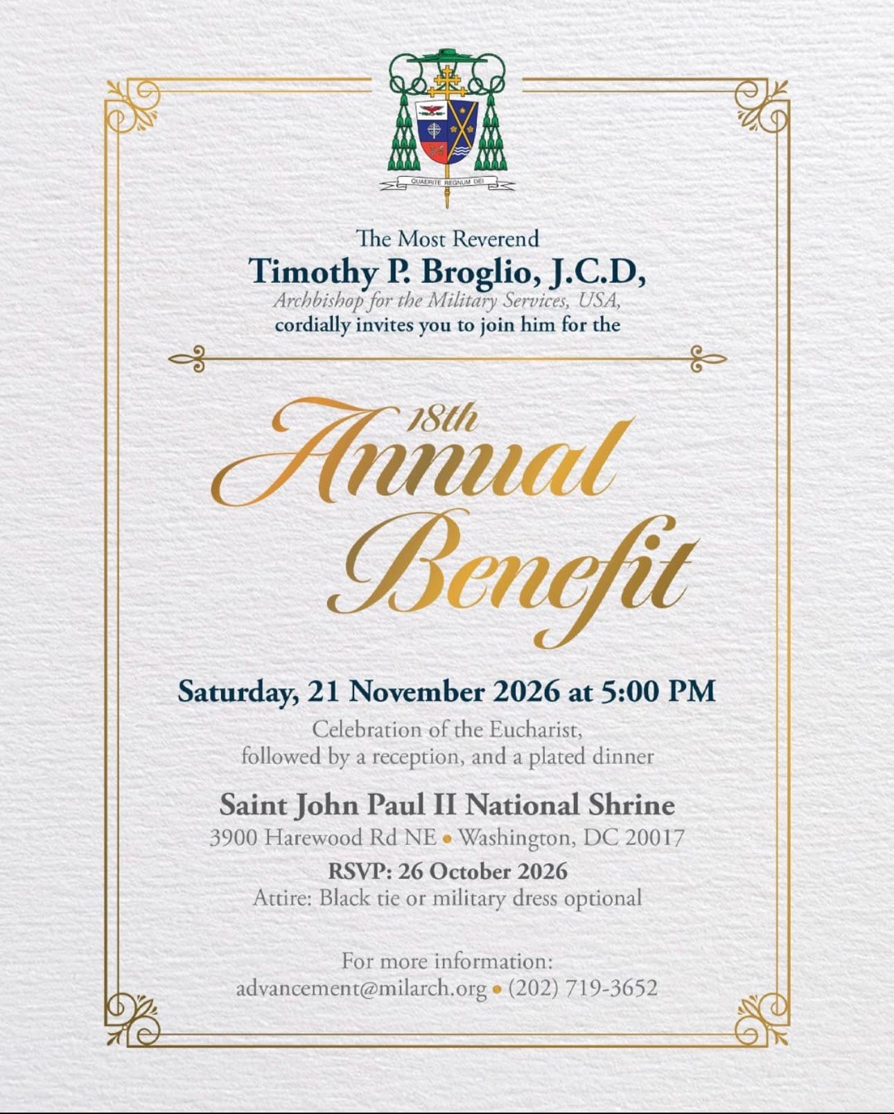 Invitation from Archbishop Timothy P. Broglio to the 18th Annual Benefit of the Archdiocese for the Military Services, USA, on 21 November 2026 at the Saint John Paul II National Shrine in Washington, DC