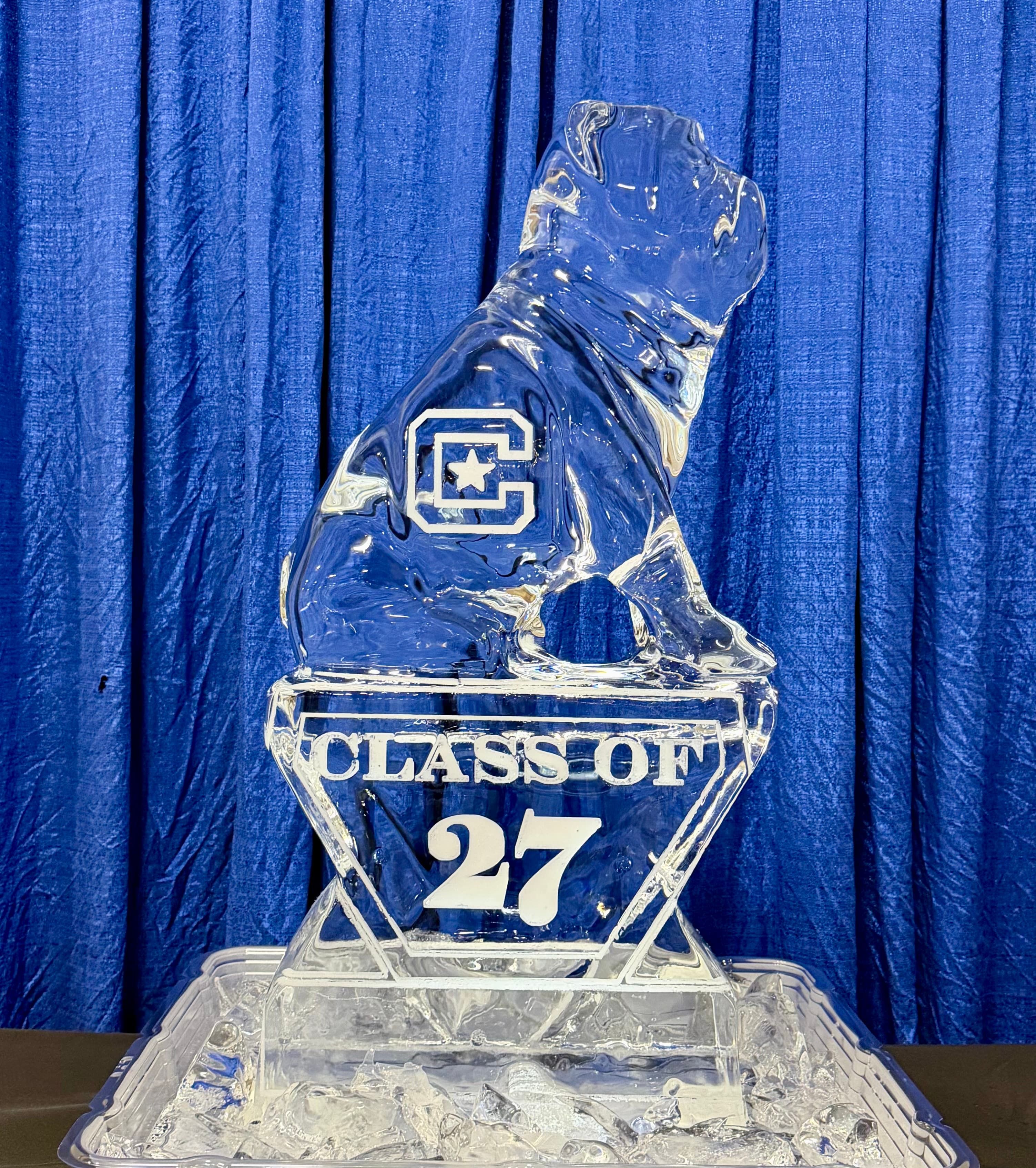 A bulldog ice sculpture rests on a Class of 27 base against a blue backdrop at The Citadel ring celebration.